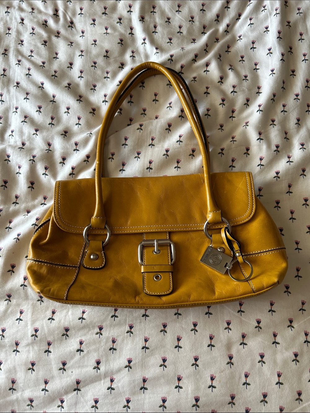 Gianni Bernini Mustard Yellow Leather Shoulder Bag with Buckle Detail